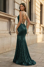 Sparkly Orange Sequins Mermaid Long Evening Dress - Curvevia