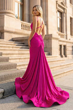 Mermaid V Neck Beaded Satin Evening Dress - Curvevia