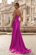 Sheath Strapless Corset Satin Evening Dress with Slit - Curvevia