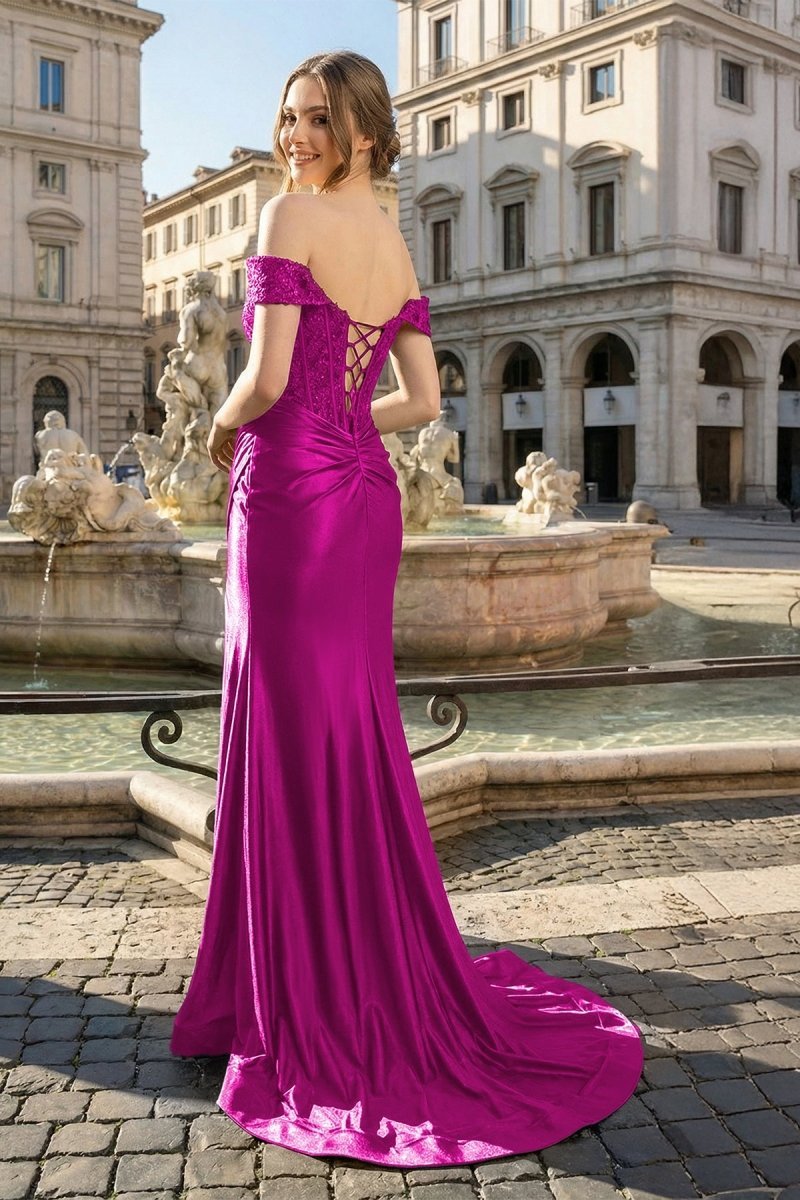 Mermaid Off the Shoulder Satin Evening Dress with Slit - Curvevia