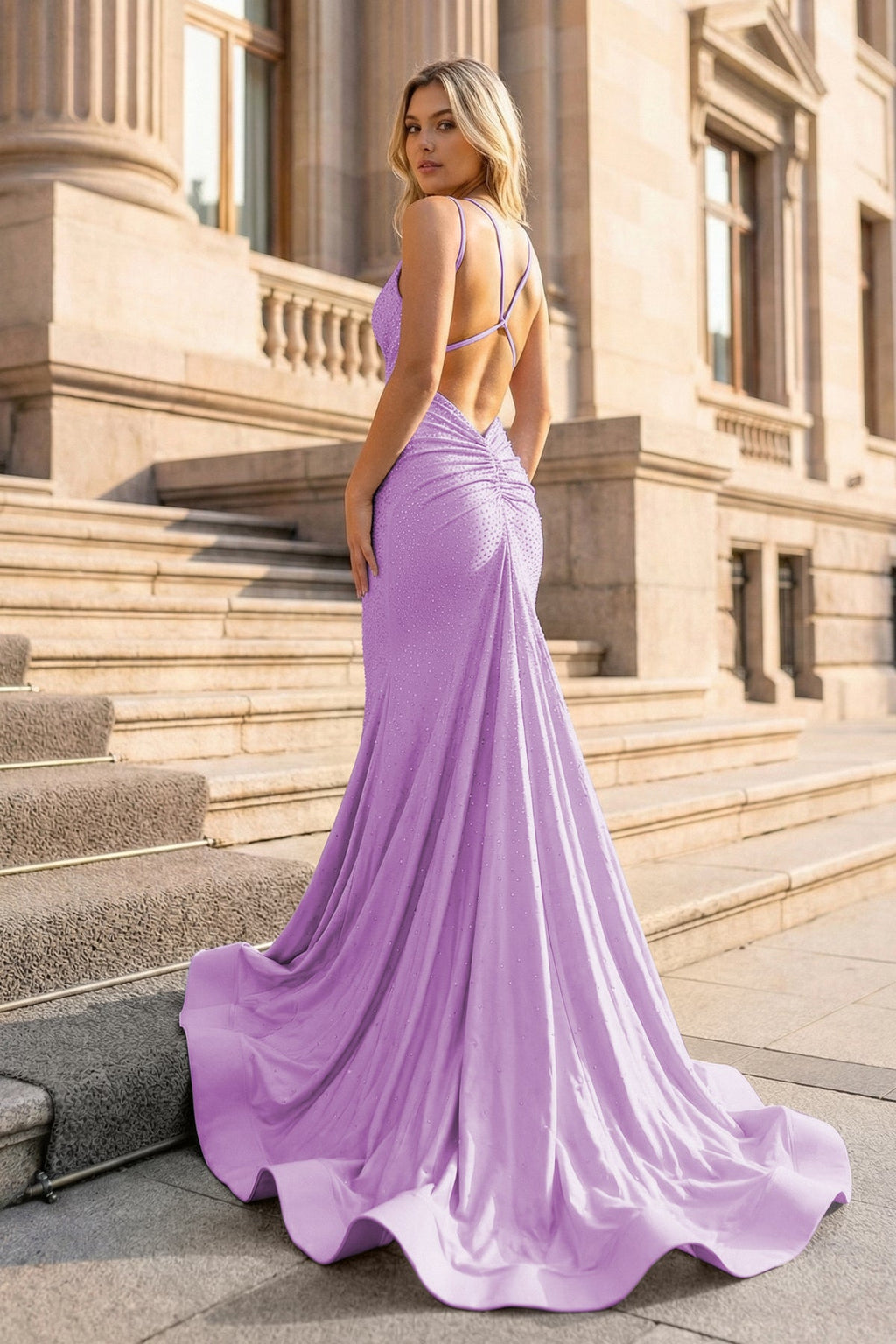 Mermaid V Neck Beaded Satin Evening Dress - Curvevia