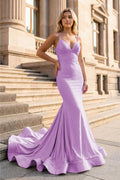 Mermaid V Neck Beaded Satin Evening Dress - Curvevia