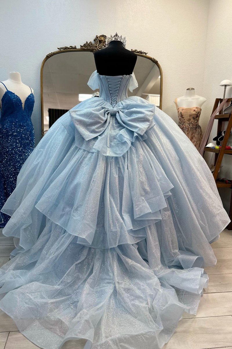 Light Blue Off the Shoulder Tulle Princess Long Corset Quinceanera Dress with Bow - Curvevia