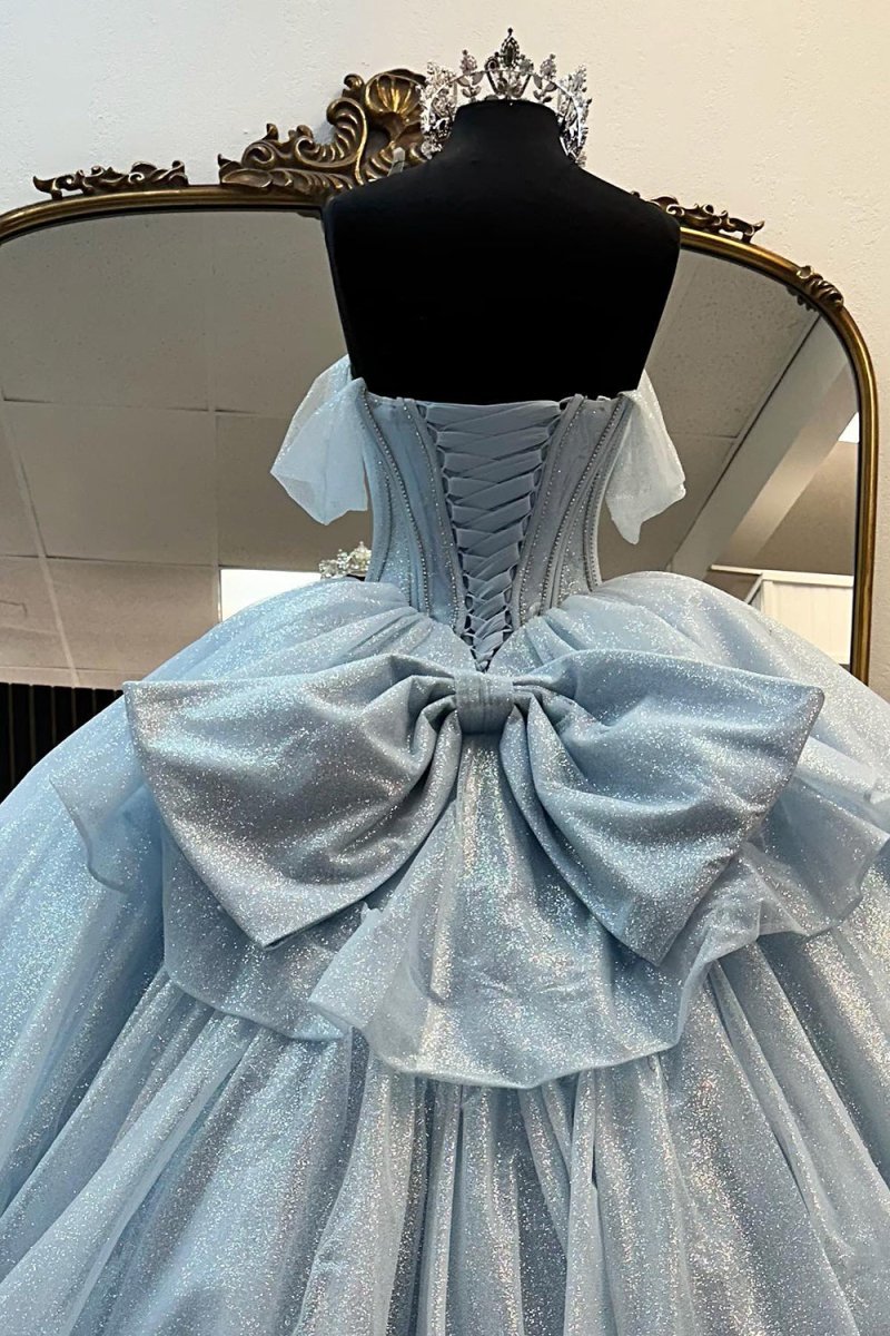 Light Blue Off the Shoulder Tulle Princess Long Corset Quinceanera Dress with Bow - Curvevia