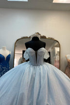 Light Blue Off the Shoulder Tulle Princess Long Corset Quinceanera Dress with Bow - Curvevia