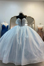 Light Blue Off the Shoulder Tulle Princess Long Corset Quinceanera Dress with Bow - Curvevia