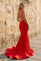 Mermaid V Neck Beaded Satin Evening Dress - Curvevia