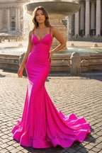 Sparkly Mermaid Spaghetti Straps Beaded Satin Long Evening Dress - Curvevia