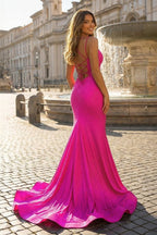 Sparkly Mermaid Spaghetti Straps Beaded Satin Long Evening Dress - Curvevia