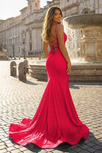 Sparkly Mermaid Spaghetti Straps Beaded Satin Long Evening Dress - Curvevia