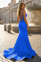 Sparkly Mermaid Spaghetti Straps Beaded Satin Long Evening Dress - Curvevia