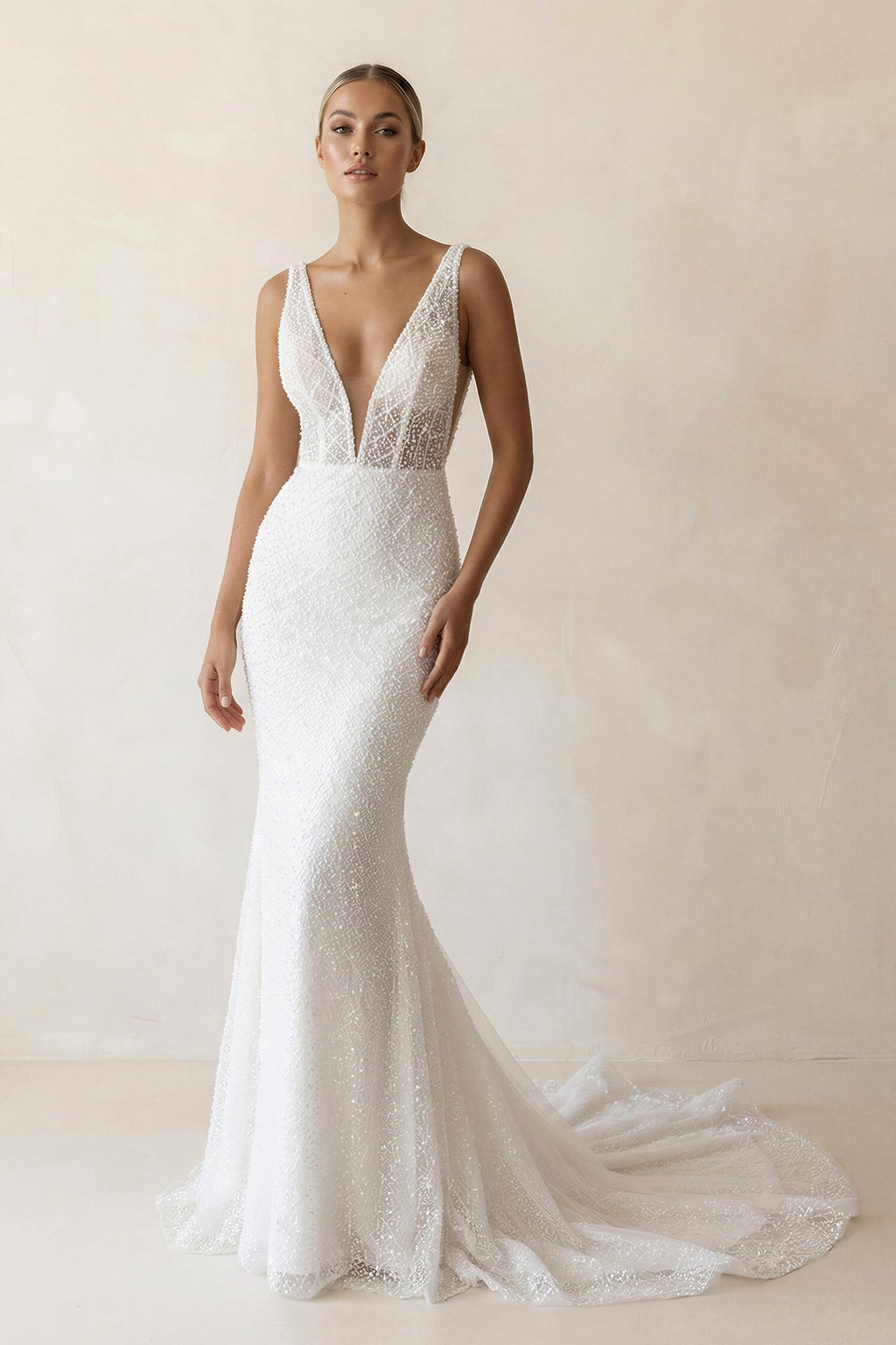Sparkly Mermaid V Neck Sequins Lace Long Wedding Dresses - Curvevia