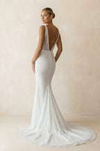 Sparkly Mermaid V Neck Sequins Lace Long Wedding Dresses - Curvevia