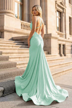 Mermaid V Neck Beaded Satin Evening Dress - Curvevia