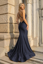 Mermaid V Neck Beaded Satin Evening Dress - Curvevia