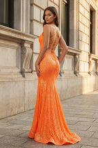 Sparkly Orange Sequins Mermaid Long Evening Dress - Curvevia
