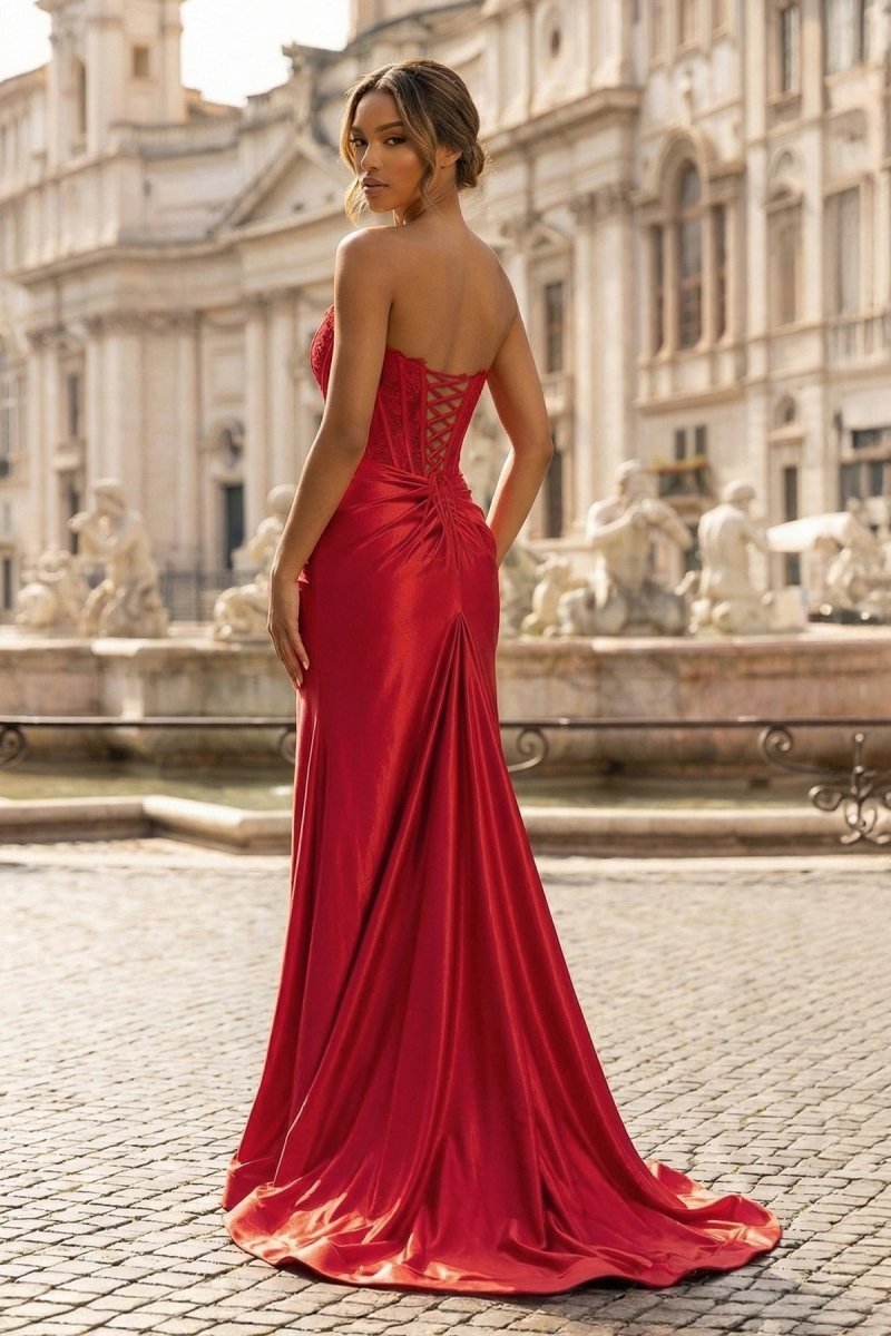 Sheath Strapless Corset Satin Evening Dress with Slit - Curvevia