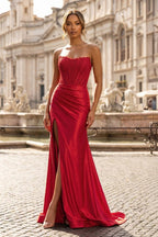 Sheath Strapless Corset Satin Evening Dress with Slit - Curvevia