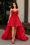 Sparkly Red Sweetheart Mirror High-Low Wedding Guest Dress - Curvevia