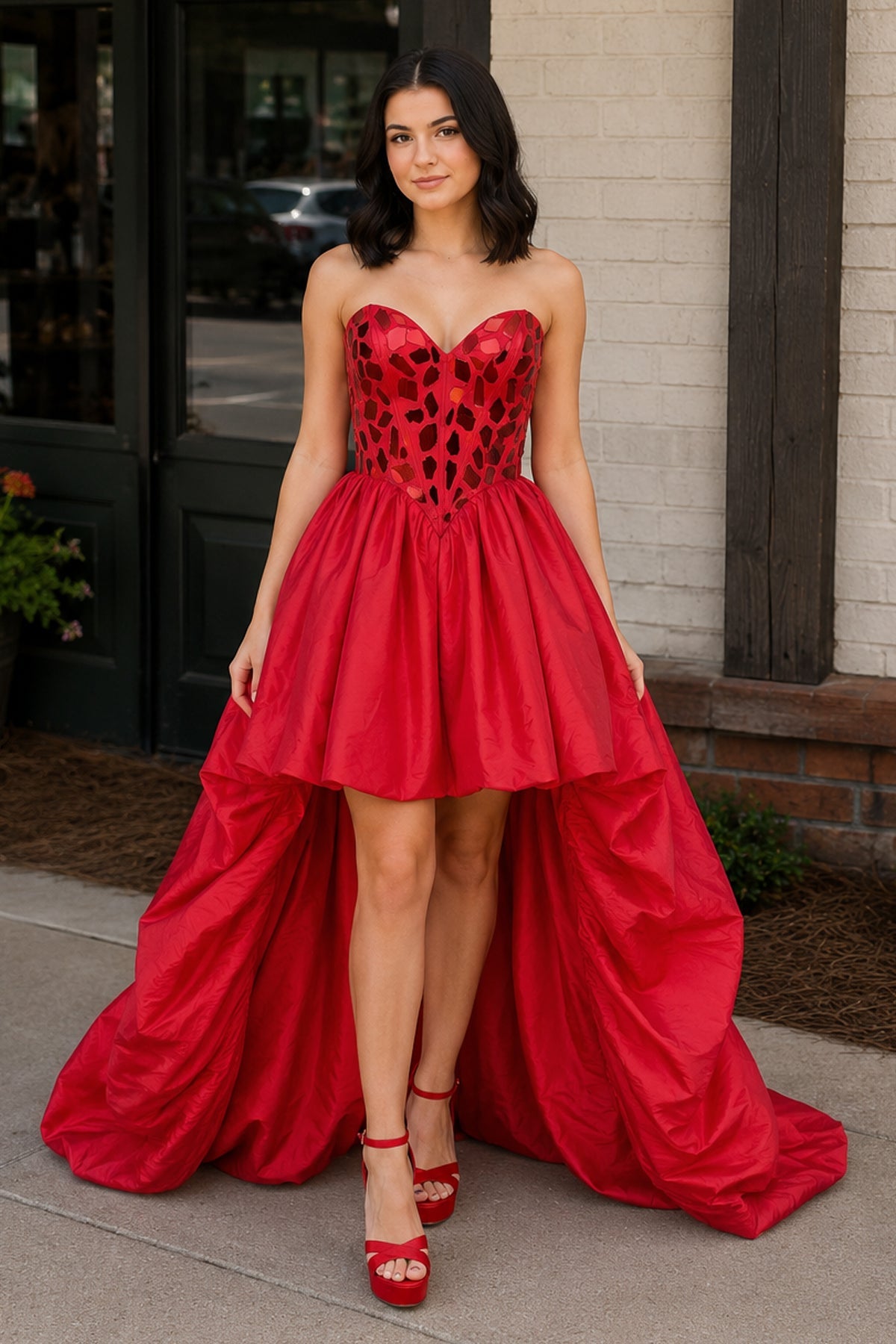 Sparkly Red Sweetheart Mirror High-Low Wedding Guest Dress - Curvevia