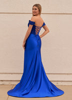 Mermaid Off the Shoulder Satin Evening Dress with Slit - Curvevia