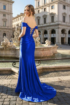 Mermaid Off the Shoulder Satin Evening Dress with Slit - Curvevia