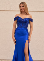 Mermaid Off the Shoulder Satin Evening Dress with Slit - Curvevia