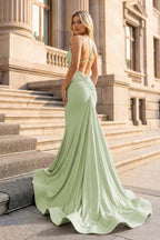 Mermaid V Neck Beaded Satin Evening Dress - Curvevia
