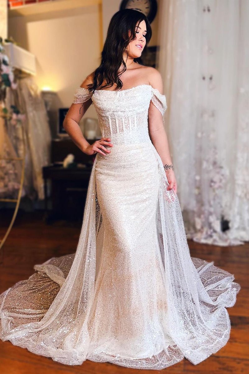 Mermaid Off the Shoulder Sequins Wedding Dresses - Curvevia