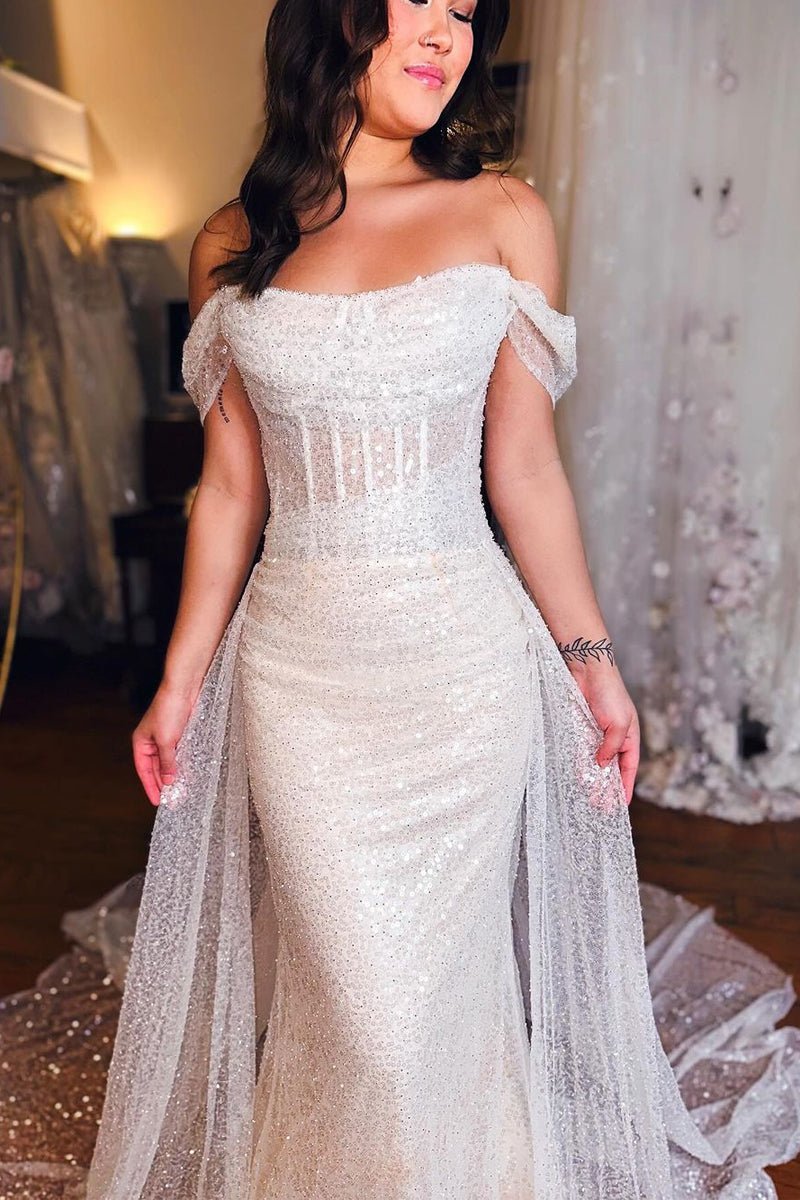 Mermaid Off the Shoulder Sequins Wedding Dresses - Curvevia