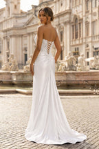 Sheath Strapless Corset Satin Evening Dress with Slit - Curvevia