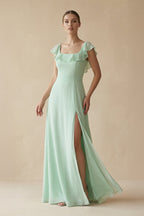 Square Neck A-Line Bridesmaid Dress with Ruffles in Pale Pistachio - Curvevia