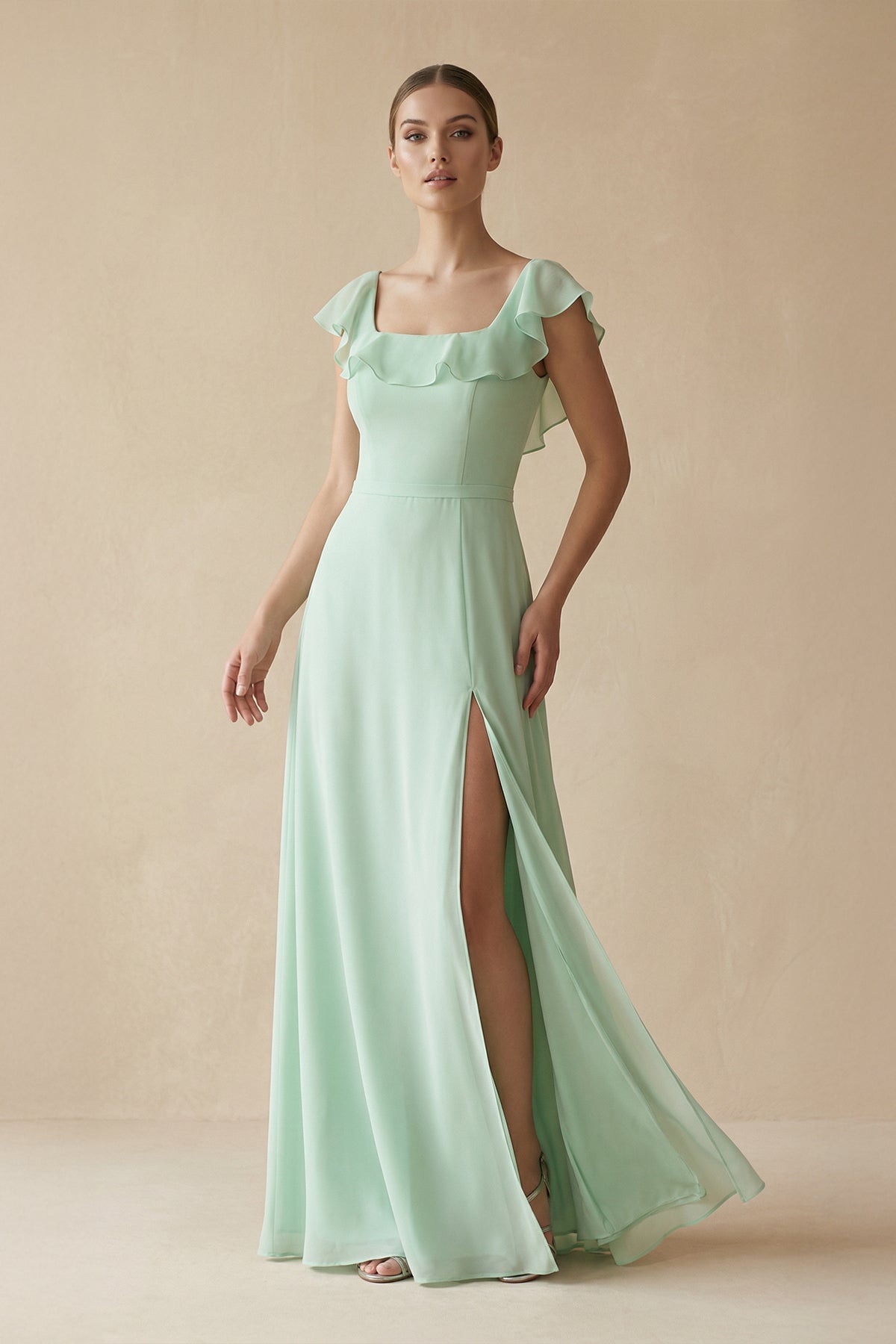 Square Neck A-Line Bridesmaid Dress with Ruffles in Pale Pistachio - Curvevia