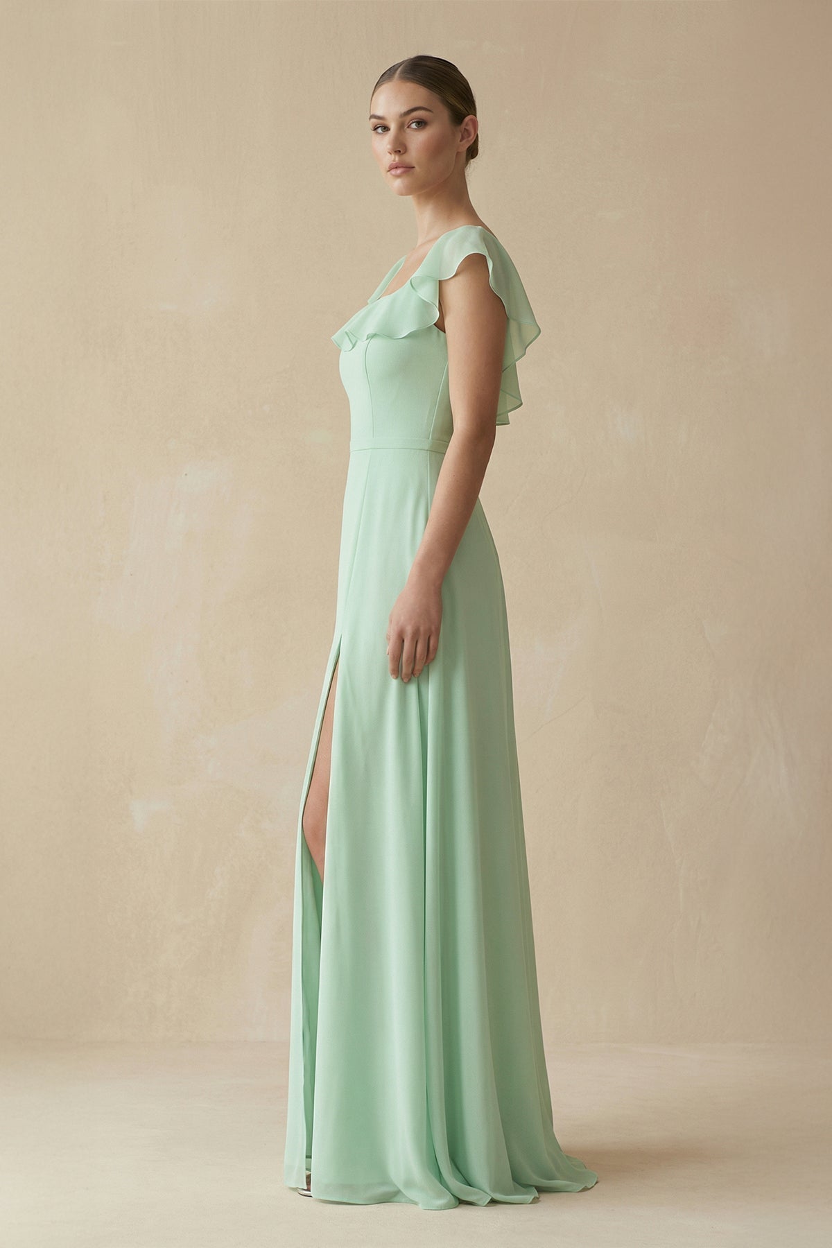 Square Neck A-Line Bridesmaid Dress with Ruffles in Pale Pistachio - Curvevia
