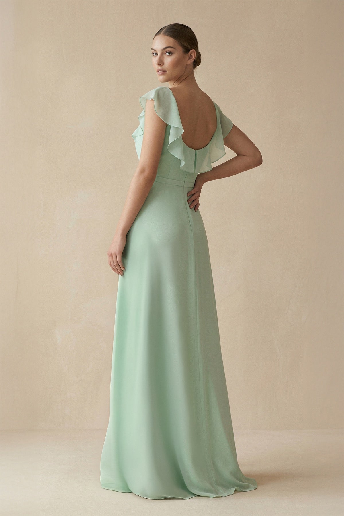 Square Neck A-Line Bridesmaid Dress with Ruffles in Pale Pistachio - Curvevia