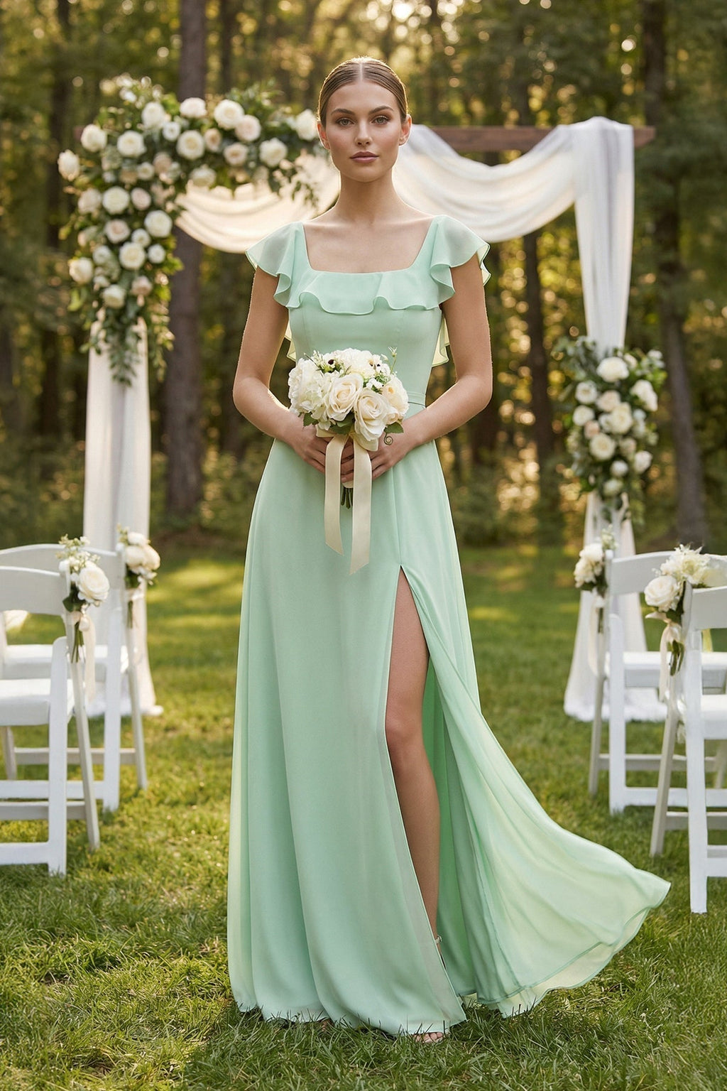 Square Neck A-Line Bridesmaid Dress with Ruffles in Pale Pistachio - Curvevia