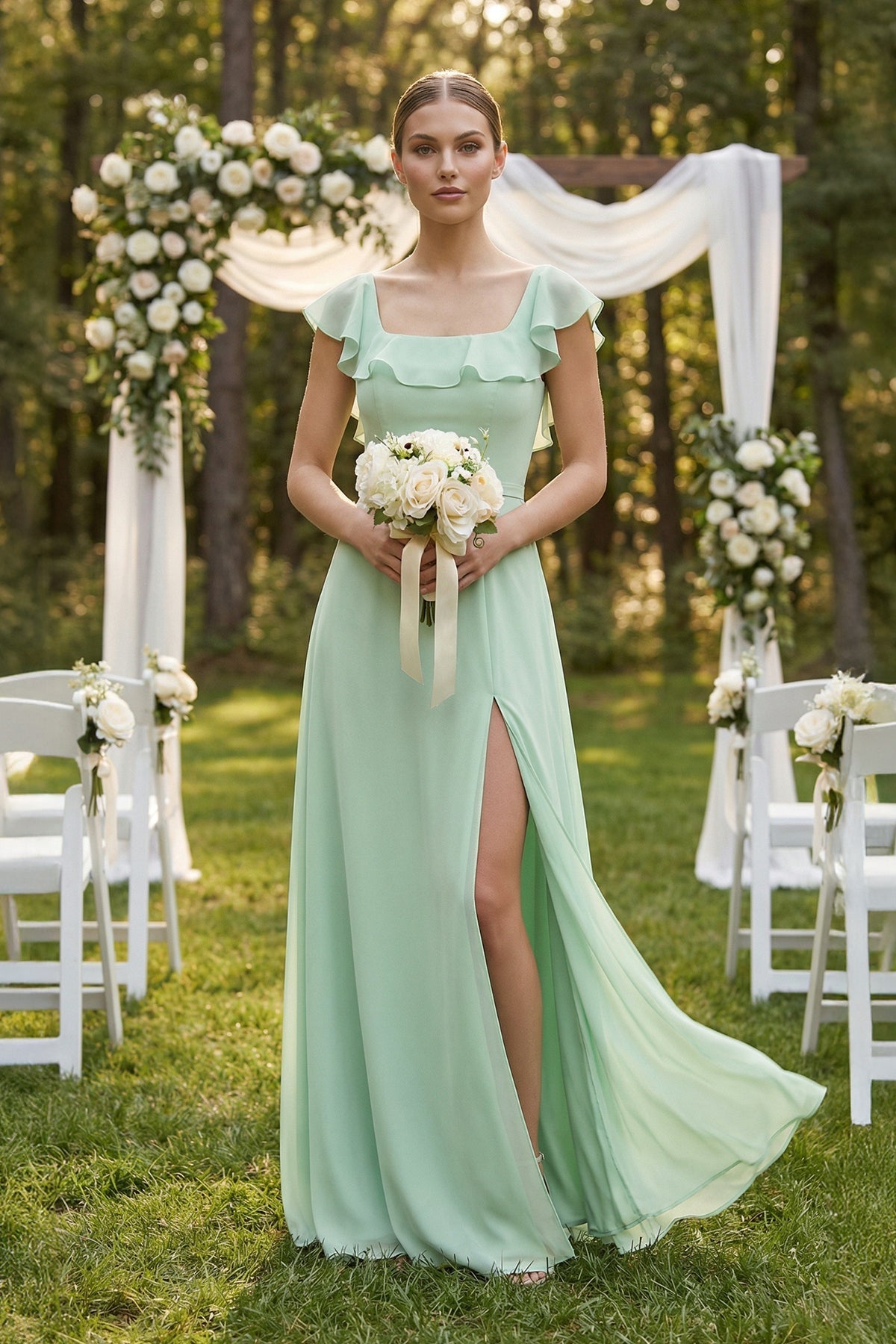 Square Neck A-Line Bridesmaid Dress with Ruffles in Pale Pistachio - Curvevia