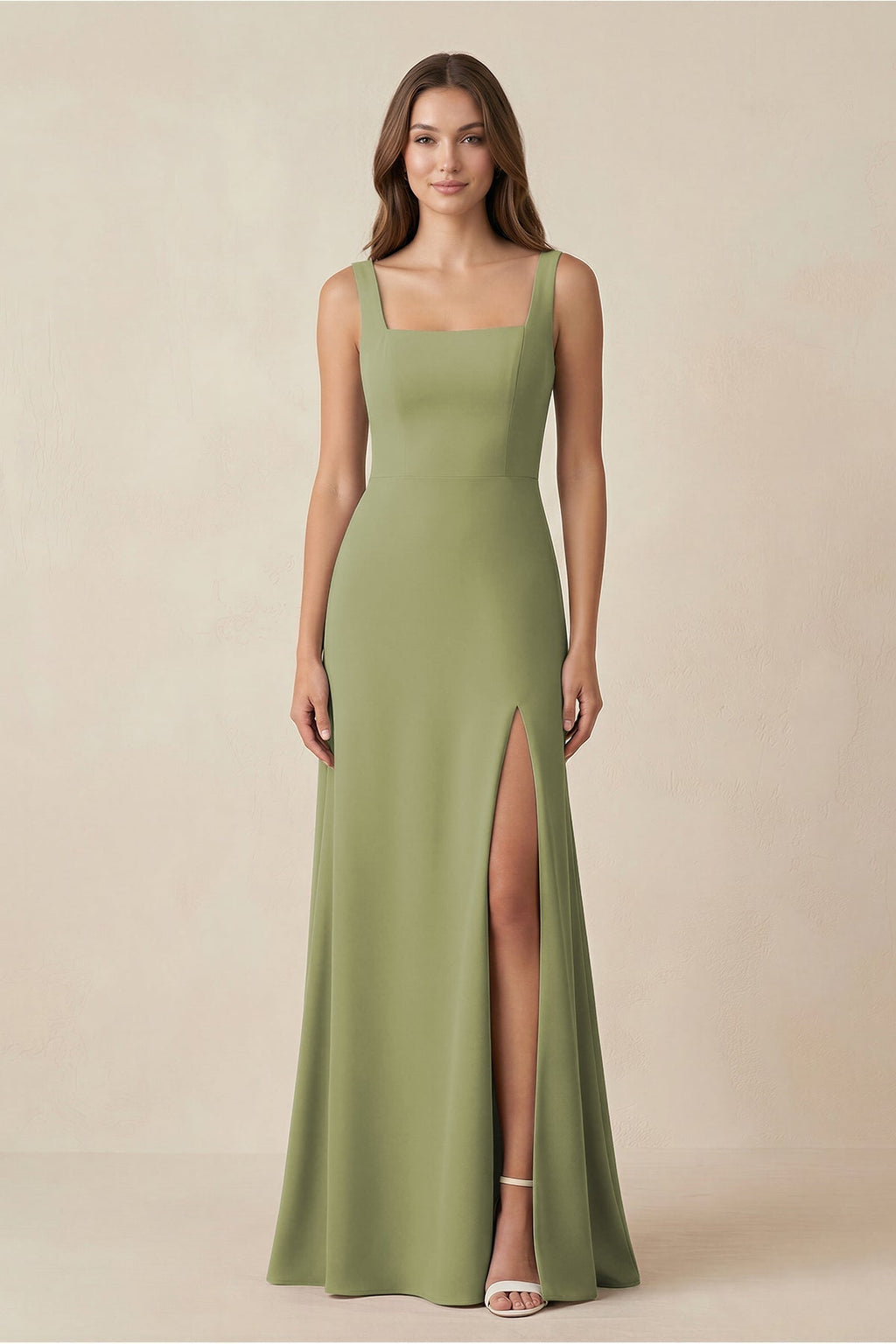 Square Neck A-Line Bridesmaid Dress With Slit in Moss Green - Curvevia