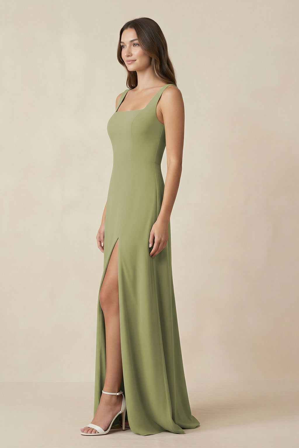 Square Neck A-Line Bridesmaid Dress With Slit in Moss Green - Curvevia