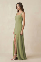 Square Neck A-Line Bridesmaid Dress With Slit in Moss Green - Curvevia