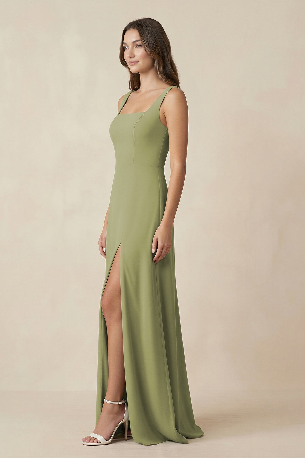 Square Neck A-Line Bridesmaid Dress With Slit in Moss Green - Curvevia