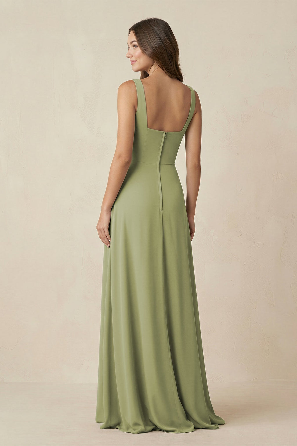 Square Neck A-Line Bridesmaid Dress With Slit in Moss Green - Curvevia