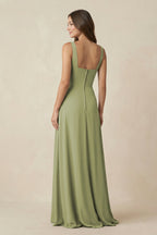 Square Neck A-Line Bridesmaid Dress With Slit in Moss Green - Curvevia