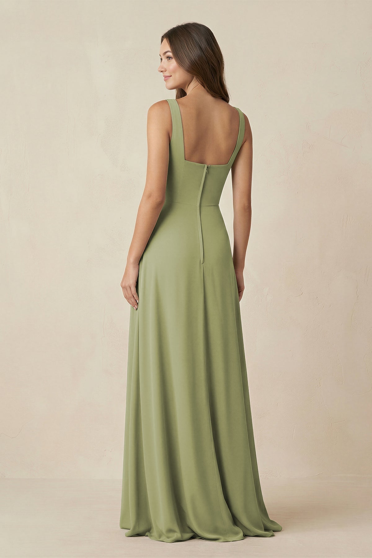 Square Neck A-Line Bridesmaid Dress With Slit in Moss Green - Curvevia