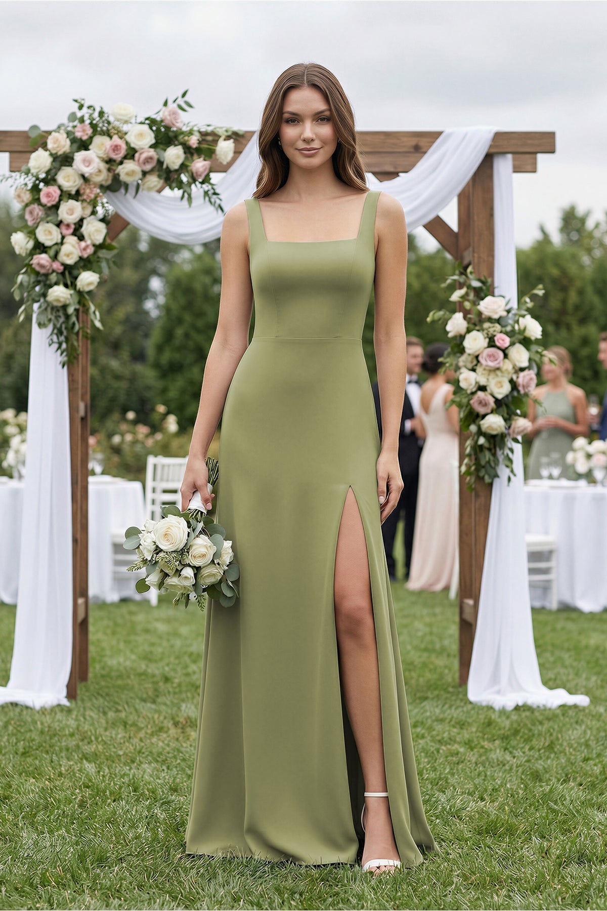 Square Neck A-Line Bridesmaid Dress With Slit in Moss Green - Curvevia