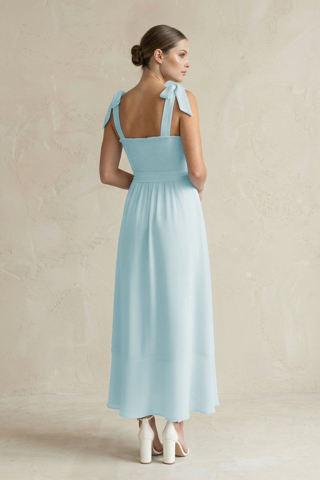 Square Neck A-Line Chiffon Midi Mother of the Bride Dress with Bow in Sky Blue - Curvevia