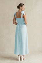Square Neck A-Line Chiffon Midi Mother of the Bride Dress with Bow in Sky Blue - Curvevia