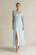 Square Neck A-Line Chiffon Midi Mother of the Bride Dress with Bow in Sky Blue - Curvevia