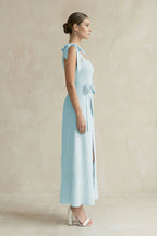 Square Neck A-Line Chiffon Midi Mother of the Bride Dress with Bow in Sky Blue - Curvevia
