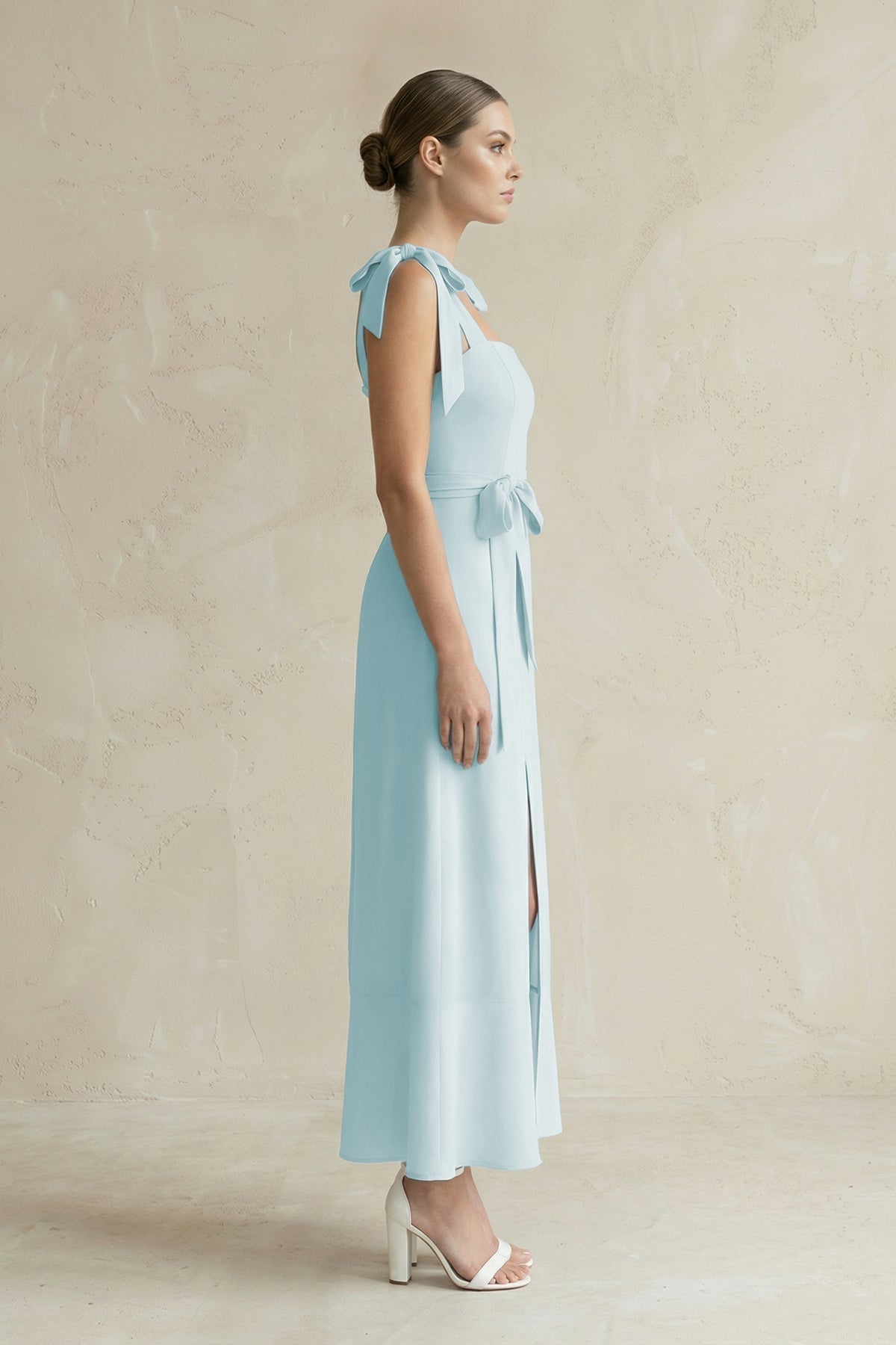 Square Neck A-Line Chiffon Midi Mother of the Bride Dress with Bow in Sky Blue - Curvevia